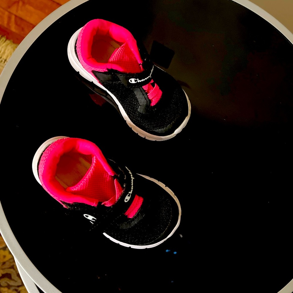Champion hot pink and black children’s Velcro strap shoes size 6 US